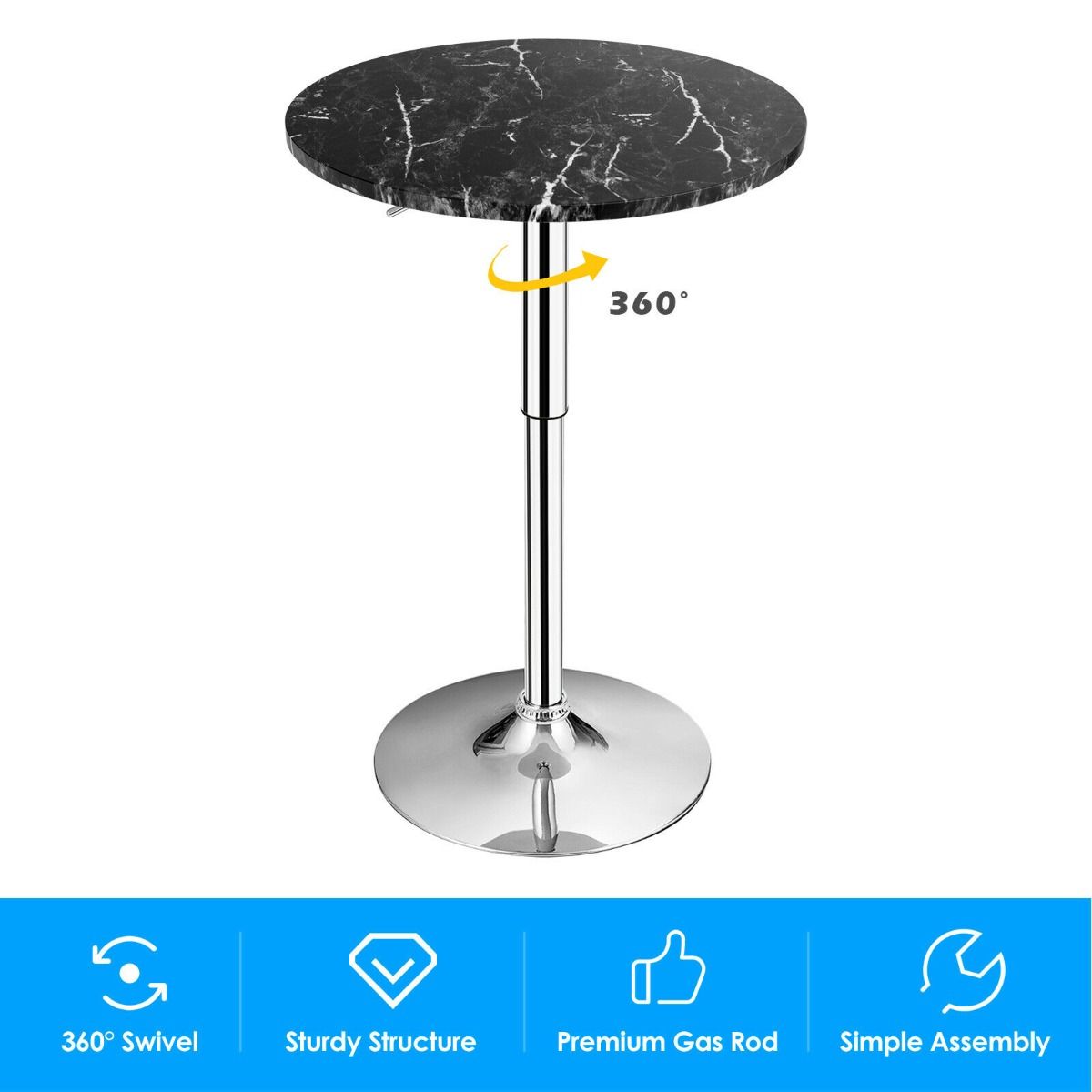 Modern Round Marble Bar Table with Silver Leg and Base - Black